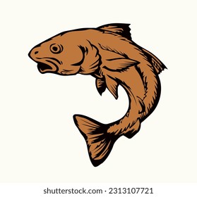 Closeup view big cute small gold red zoo tank bowl pet life white paper text space. Outline black ink pen hand drawn big gill fin meal bass cod ruff diet fishtank logo pictogram retro art doodle style