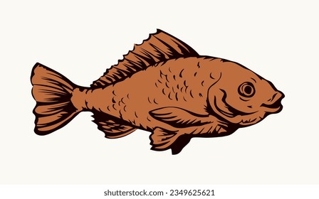 Closeup view big cute small gold red zoo tank bowl pet life white paper text space. Outline black ink pen hand drawn big gill fin meal bass cod ruff diet fishtank logo pictogram retro art doodle style