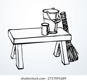 Vista de cerca grande saludable limpia suciedad cepillo de polvo líquido taza de la tina de la tina del cuenco de la casa de la habitación del plumero ordenado blanco espacio de texto del piso casero. Esquema negro lápiz de pintura de tinta dibujado a mano cerca de la olla de salud vacía silla taburete mesa de asiento doodle línea arte logo icono signo