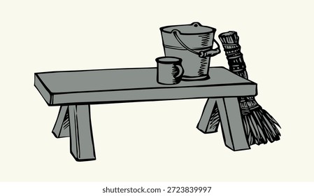 Vista de cerca grande saludable limpia suciedad cepillo de polvo líquido taza de la tina de la tina del cuenco de la casa de la habitación del plumero ordenado blanco espacio de texto del piso casero. Esquema negro lápiz de pintura de tinta dibujado a mano cerca de la olla de salud vacía silla taburete mesa de asiento doodle línea arte logo icono signo