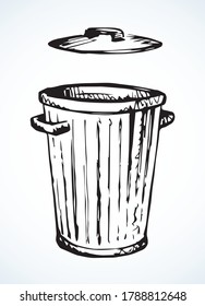 Closeup view big old grunge open empty plastic trashbin set. White paper text space retro art doodle style. Outline black ink hand drawn large eco bio utilize tin lid mobile service emblem logo design