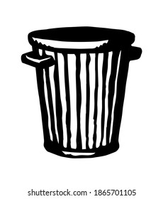Closeup view big old grunge open empty plastic trashbin set. White paper text space retro art doodle style. Outline black ink hand drawn large eco bio utilize tin lid mobile service emblem logo design