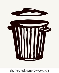 Closeup view big old grunge open empty plastic trashbin set. White paper text space retro art doodle style. Outline black ink hand drawn large eco bio utilize tin lid mobile service emblem logo design