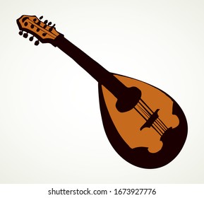 Closeup view of big old pluck strum chord ukulele mandola. Freehand outline black ink pen hand drawn abstract kobza tune logo pictogram emblem design. Retro artist doodle print style paper text space