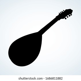 Closeup view of big old pluck strum chord ukulele mandola. Freehand outline black ink pen hand drawn abstract kobza tune logo pictogram emblem design. Retro artist doodle print style paper text space