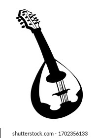 Closeup view of big old pluck strum chord ukulele mandola. Freehand outline black ink pen hand drawn abstract kobza tune logo pictogram emblem design. Retro artist doodle print style paper text space