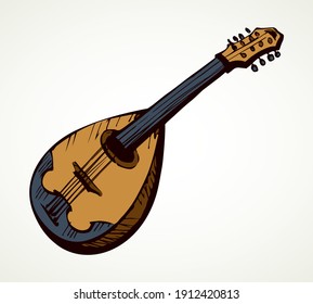 Closeup view of big old pluck strum chord ukulele mandola. Freehand outline black ink pen hand drawn abstract kobza tune logo pictogram emblem design. Retro artist doodle print style paper text space