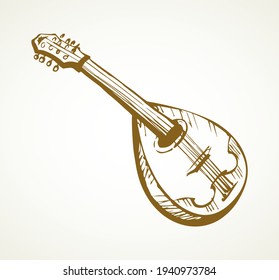 Closeup view of big old pluck strum chord ukulele mandola. Freehand outline black ink pen hand drawn abstract kobza tune logo pictogram emblem design. Retro artist doodle print style paper text space