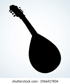 Closeup view of big old pluck strum chord ukulele mandola. Freehand outline black ink pen hand drawn abstract kobza tune logo pictogram emblem design. Retro artist doodle print style paper text space