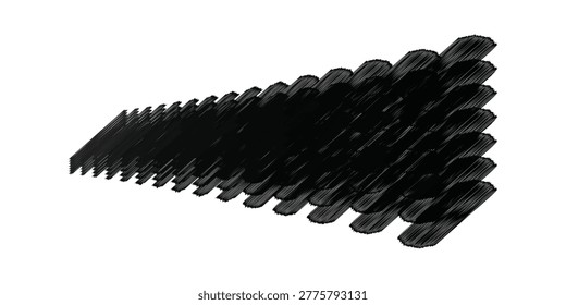 A close-up view of a black, abstract object featuring a series of serrated edges and a repetitive, wave-like pattern, isolated against a clean white background.