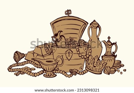 Closeup view black pen line hand drawn history icon sign white sky. Hidden big luck wood coffer trunk open lid shiny ruby vault shine pearl pile prey prize heap sketch retro age fairy tale art concept