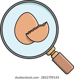 A close-up view of a broken eggshell piece magnified by a lens, highlighting its texture and fragility.