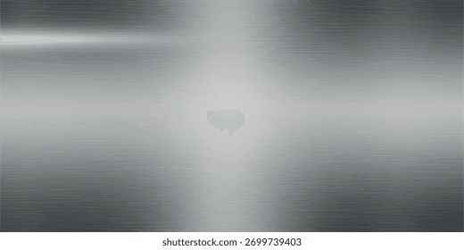 Uma vista de perto de uma superfície metálica escovada, com uma textura suave e reflexiva com listras de luz horizontais e um suave gradiente de claro para escuro.