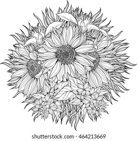 Close-up view of bunch of sunflowers. Coloring page.