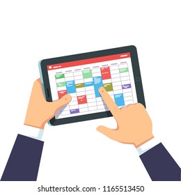 Closeup view of business man scheduling tasks and working on tablet computer in calendar application. Manager person hands using week planning app. Flat vector illustration isolated on white