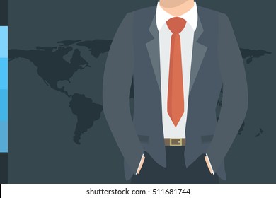 Closeup view of Businessman in nice suit on world map background. Silhouette illustration of a businessman, top part of the body. Global Business. Business concept.