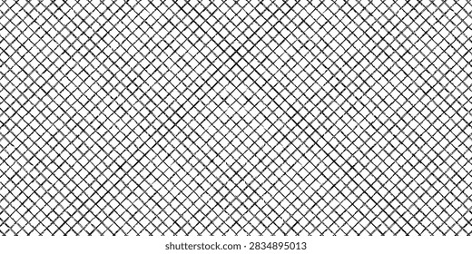 Close-up view of a chain-link fence creating a repeating diagonal pattern and gritty metal texture in black and white; industrial, urban and abstract backdrop conveying security, barrier, and enclosure.