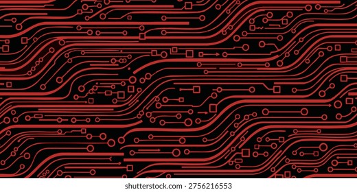 A close-up view of a circuit board with red lines and components