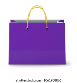 Close-up view of classic violet paper shopping bag with yellow rope grips isolated on white background. Vector illustration.