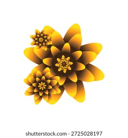 Uma vista de perto de um aglomerado de três flores estilizadas, com um gradiente de pétalas amarelas a laranja profundas e uma área central detalhada de estames, criando um visual impressionante.