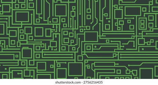 A close-up view of a complex circuit board with green pathways and wires on a dark background.
