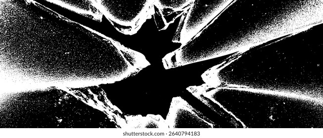 A close-up view of cracked glass showcases intricate patterns of fracture lines radiating outward. Stipple overlay bg