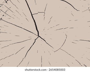 Uma vista de perto de um padrão de grãos de madeira rachado renderizado em um estilo de silhueta minimalista com linhas negras e manchas espalhadas em um fundo bege claro.