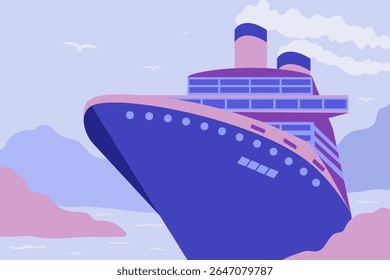 Close-up view of a cruise ship sailing on calm water with clouds in the background. Nautical travel concept.
