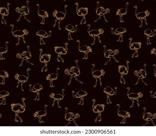 Closeup view cute fast speed go fun old fluffy huge wing tall pet rhea stand sand earth. Dark outline ink hand drawn zoo symbol sign icon design art doodle retro style white paper text space backdrop