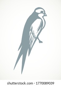 Closeup view cute lone martlet set. Light paper artwork text space backdrop. Outline dark ink pen hand drawn much electric cable logo pictogram emblem design. Modern artist doodle contour print style