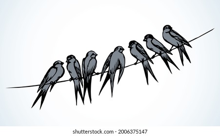 Closeup view cute lone martlet set. Light paper artwork text space backdrop. Outline dark ink pen hand drawn much electric cable logo pictogram emblem design. Modern artist doodle contour print style