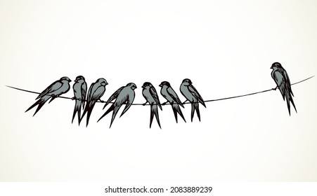 Closeup view cute lone martlet set. Light paper artwork text space backdrop. Outline dark ink pen hand drawn much electric cable logo pictogram emblem design. Modern artist doodle contour print style