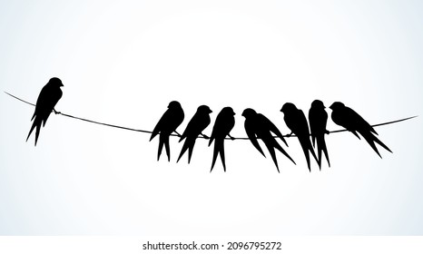 Closeup view cute lone martlet set. Light paper artwork text space backdrop. Outline dark ink pen hand drawn much electric cable logo pictogram emblem design. Modern artist doodle contour print style