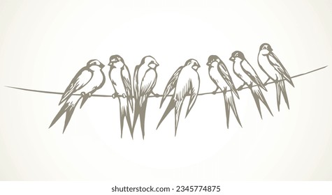 Closeup view cute lone martlet set. Light paper artwork text space backdrop. Outline dark ink pen hand drawn much electric cable logo pictogram emblem design. Modern artist doodle contour print style