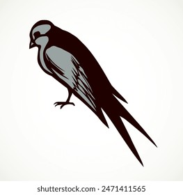 Closeup view cute lone martlet set. Light paper artwork text space backdrop. Outline dark ink pen hand drawn much electric cable logo pictogram emblem design. Modern artist doodle contour print style