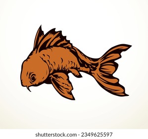Closeup view cute small red Cyprinus carpio zoo tank bowl pet life white paper text space. Outline black ink pen hand drawn big gill fin meal bass cod ruff diet logo pictogram retro art doodle style