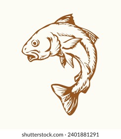 Closeup view cute small red Cyprinus carpio zoo tank bowl pet life white paper text space. Outline black ink pen hand drawn big gill fin meal bass cod ruff diet logo pictogram retro art doodle style