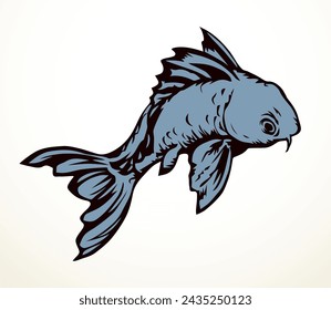 Closeup view cute small red Cyprinus carpio zoo tank bowl pet life white paper text space. Outline black ink pen hand drawn big gill fin meal bass cod ruff diet logo pictogram retro art doodle style