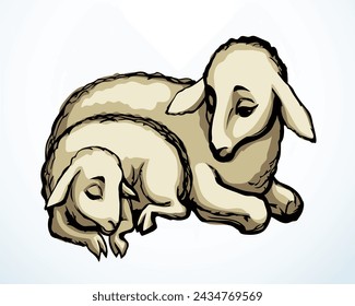 Closeup view cute sweet funny small biblical fur new young ram cub kid relax rustic country ranch zoo grass food text space scene. Black line hand drawn bible hoof horn herd mom joy look old retro art