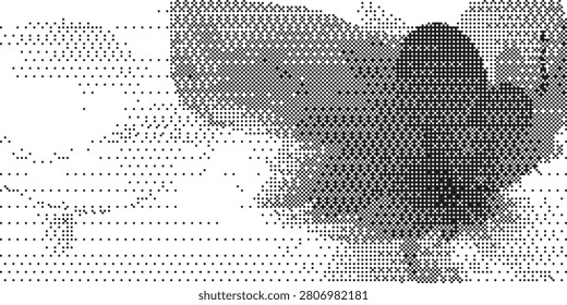 A close-up view of a dark, abstract shape formed by a dense pattern of dots, set against a lighter, speckled background.