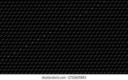 Vista de cerca de una cuadrícula metálica oscura, con un patrón repetitivo de Pequeñas Formas circulares y sutiles reflejos de luz, ideal para fondos abstractos, diseño industrial o temas tecnológicos modernos