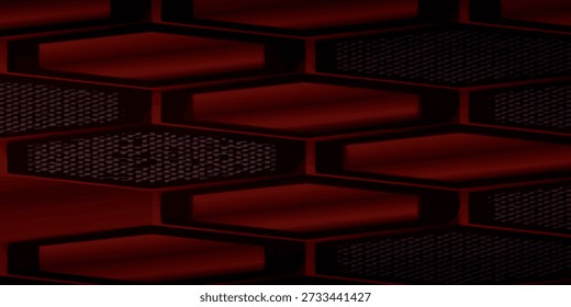 Vista de primer plano de un patrón abstracto rojo oscuro y negro con Formas hexagonales repetidas con un aspecto texturizado.