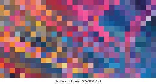 A close-up view of a digital abstract artwork composed of small, colorful squares arranged in a pixelated mosaic pattern, creating a vibrant and dynamic visual texture.