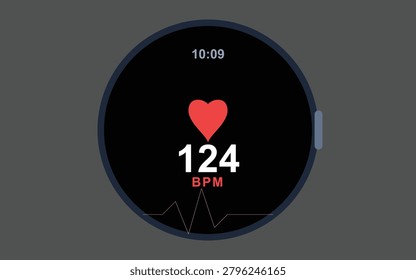 A close-up view of a digital smartwatch screen displaying heart rate data, showing a red heart icon, bpm count, and a rhythmic pulse graph line.
