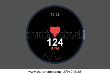 A close-up view of a digital smartwatch screen displaying heart rate data, showing a red heart icon, bpm count, and a rhythmic pulse graph line.