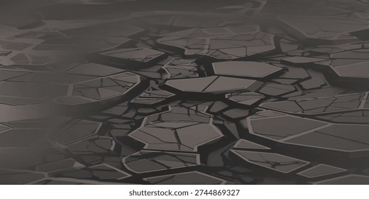 A close-up view of dry, cracked earth forming a geometric pattern, overlaid with wisps of dark, abstract smoke or fog.