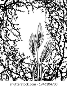 Closeup view dry good cereal crop twig. White text space. Black hand drawn Lord Jesus Christ new word sharp prickly stem danger icon border pattern picture design. Retro art cartoon line sketch style