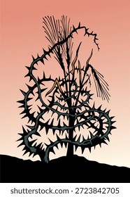Nahaufnahme Blick trocken krank Schmerzen tare Spreu guten Mais Zweig weißen Himmel Text Raum. Dunkelschwarze Kontur Tinte Stift handgezeichnet Gott Jesus Christus Evangelium Wort Säer Geschichte floral stachelig zerrissen Stamm Flora Blatt Laub Botanik Logo Emblem Bild Retro Linie Kunst Stil