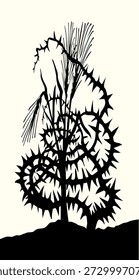 Closeup view dry ill sick pain tare chaff good corn twig white sky text space. Dark black contour ink pen hand drawn god Jesus Christ gospel word sower story floral prickly tore stem flora leaf foliage botany logo emblem picture retro line art style