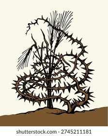Closeup view dry ill sick pain tare chaff good corn twig white sky text space. Dark black contour ink pen hand drawn god Jesus Christ gospel word sower story floral prickly tore stem flora leaf foliage botany logo emblem picture retro line art style